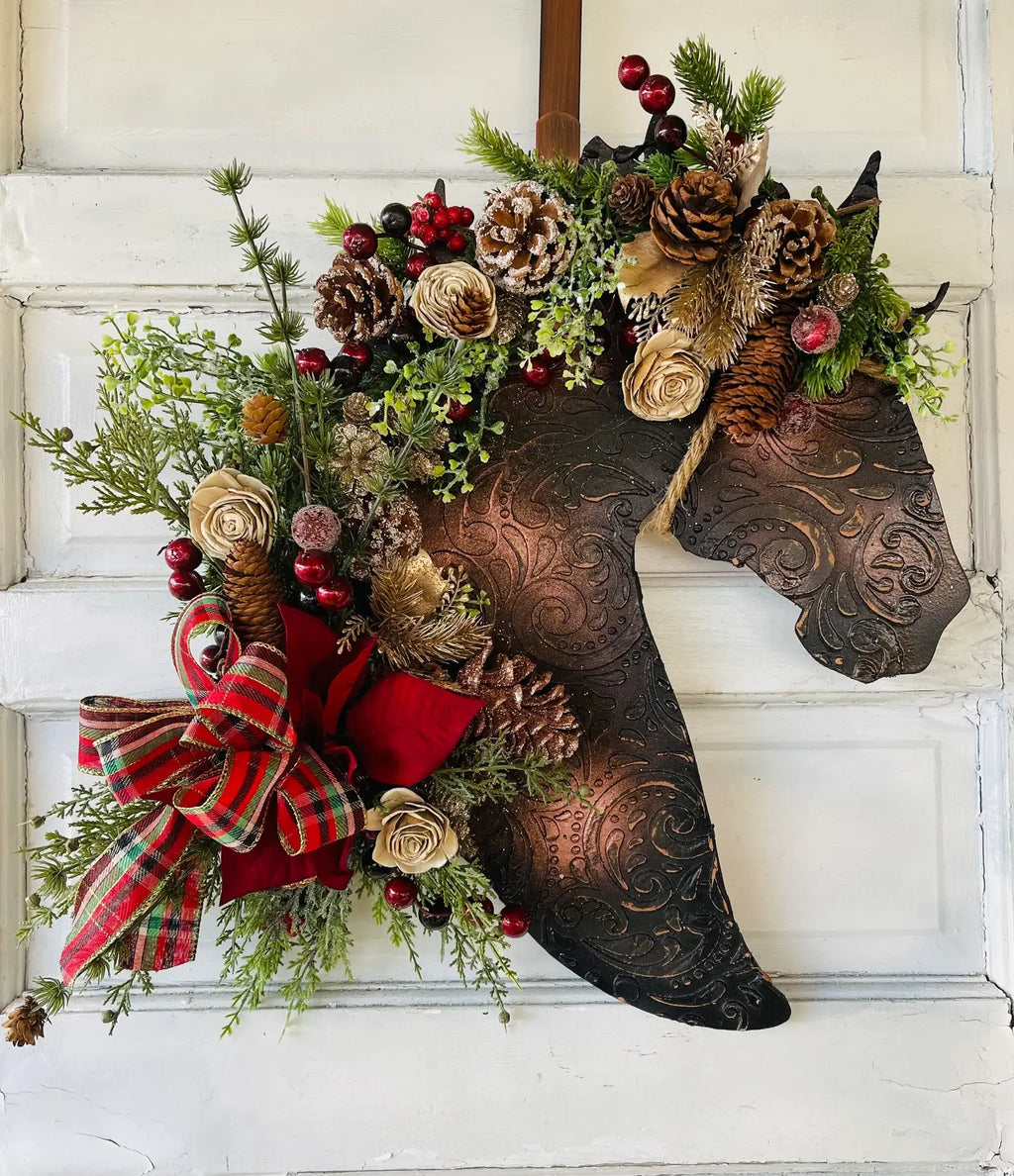 Leather Look Berry And Pine Horse Wreath with Poinsettia 