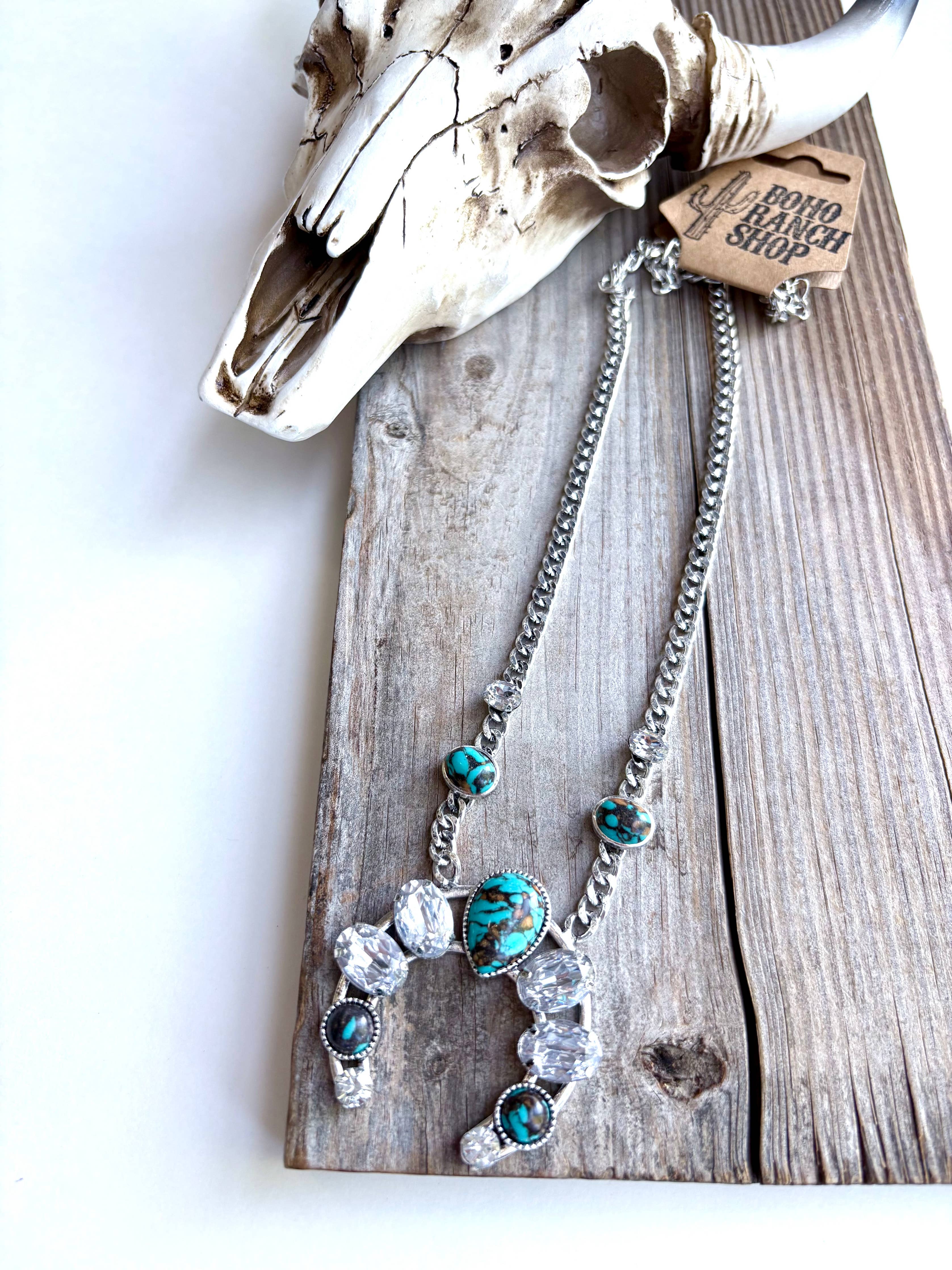 Western Squash Blossom Stone Pendant Chunky Chain Necklace