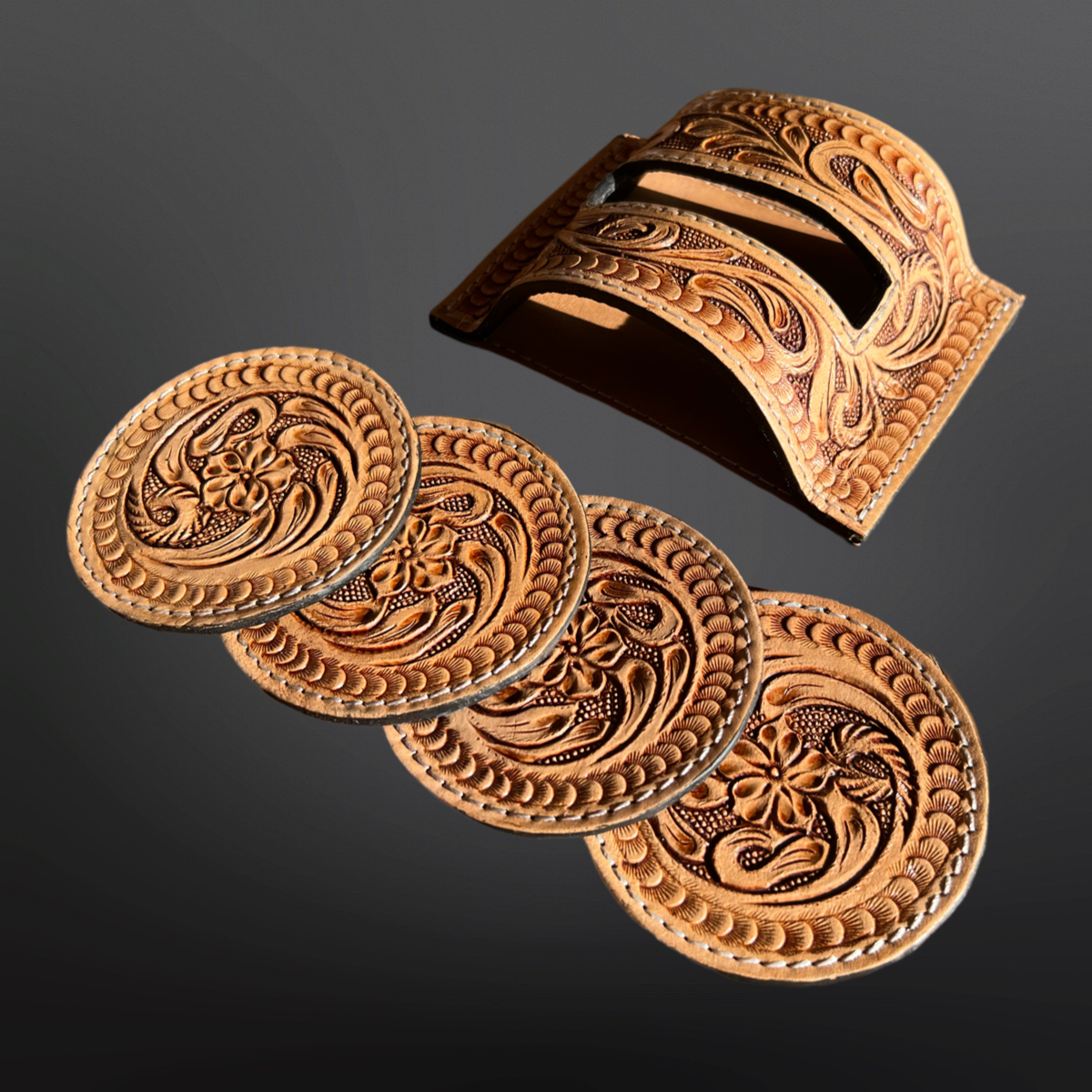 Western Tooled Leather Coasters with Stand