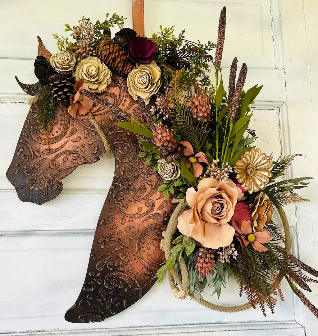 Leather Look Wood Flower Horse Head Wall Art Door Wreath