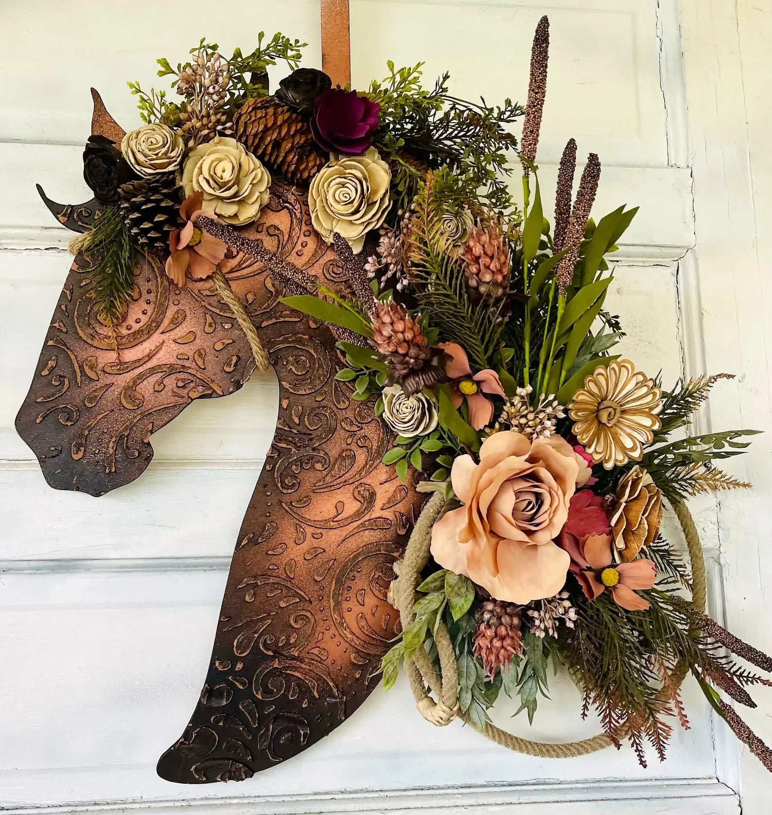 Leather Look Wood Flower Horse Head Wall Art Door Wreath