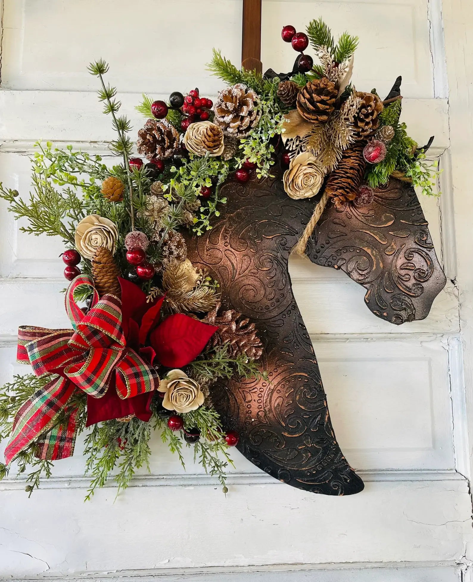 Leather Look Berry And Pine Horse Wreath with Poinsettia 