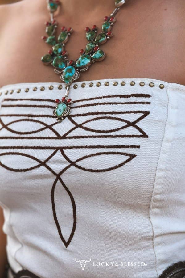 Ivory Stretch Denim Boot Stitch Strapless Jumpsuit