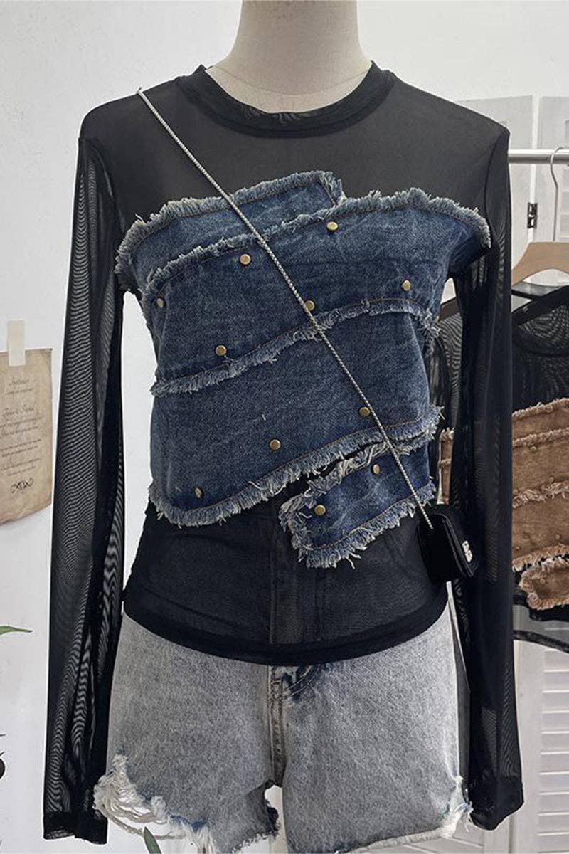 Distressed Denim Patchwork Top