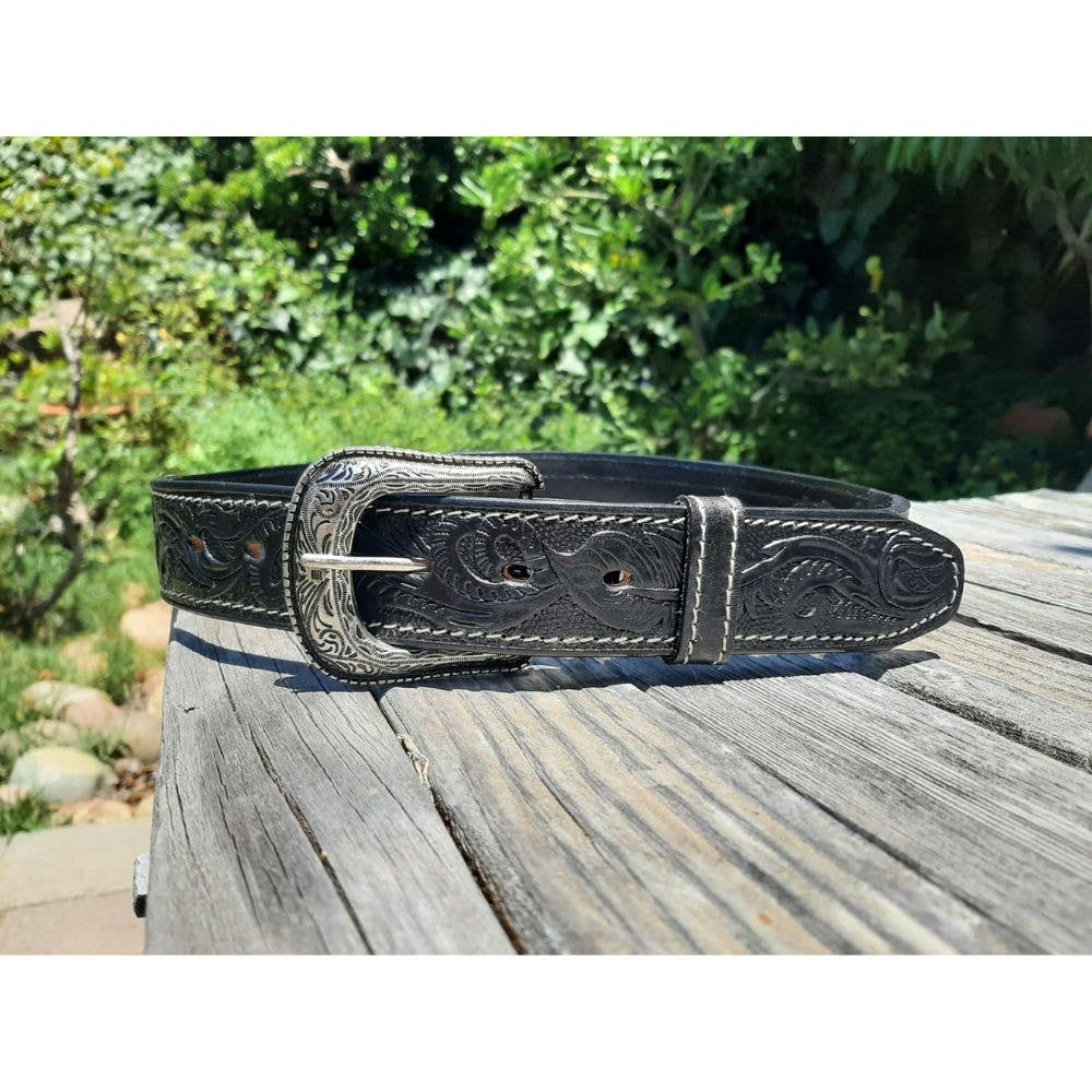 Western Leather Carved Belt - Aztec - Black Leather